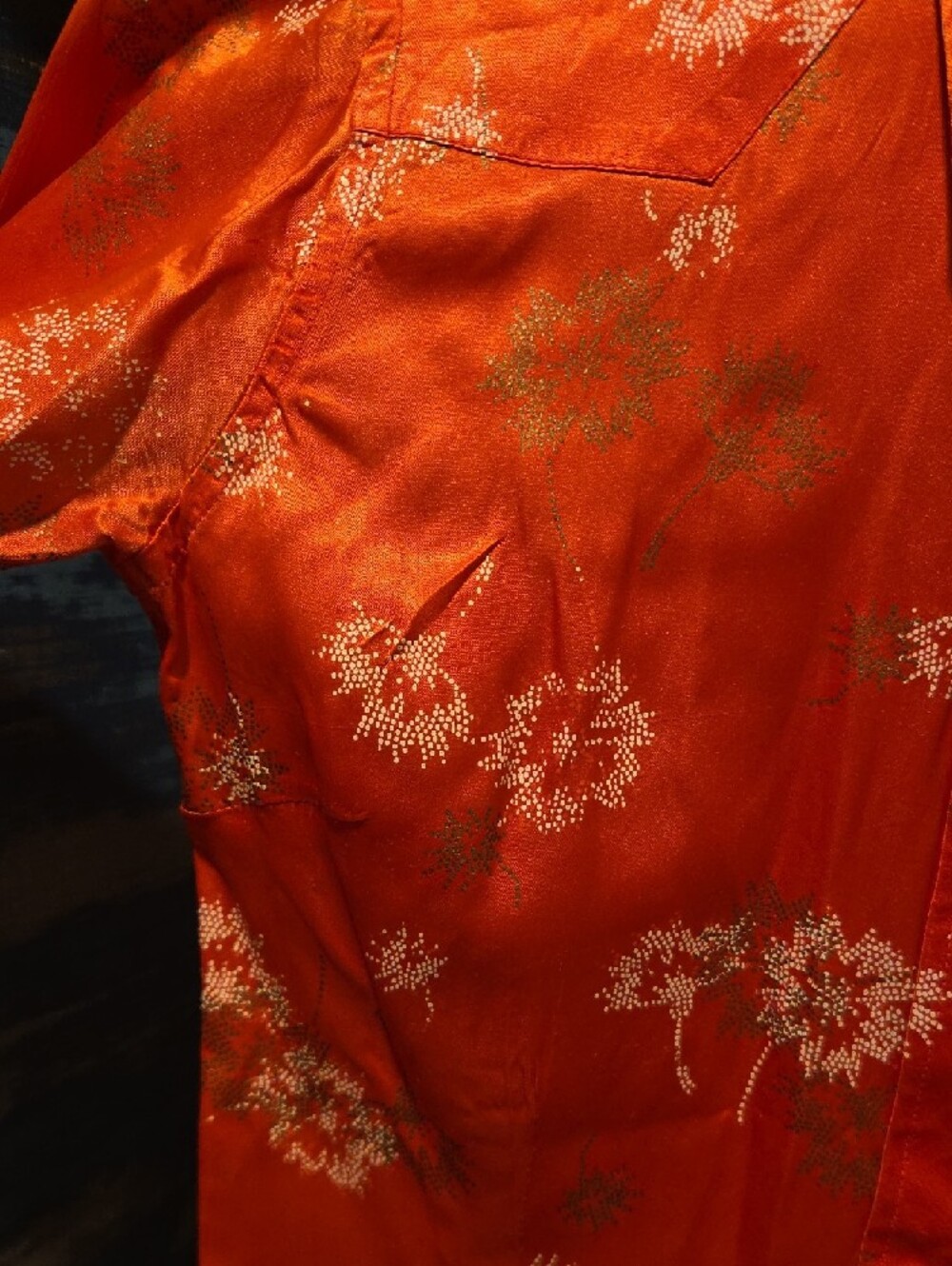 Women's Vintage Western H Bar C Orange Floral Satin Pearl Snap Shirt - Picture 7 of 8